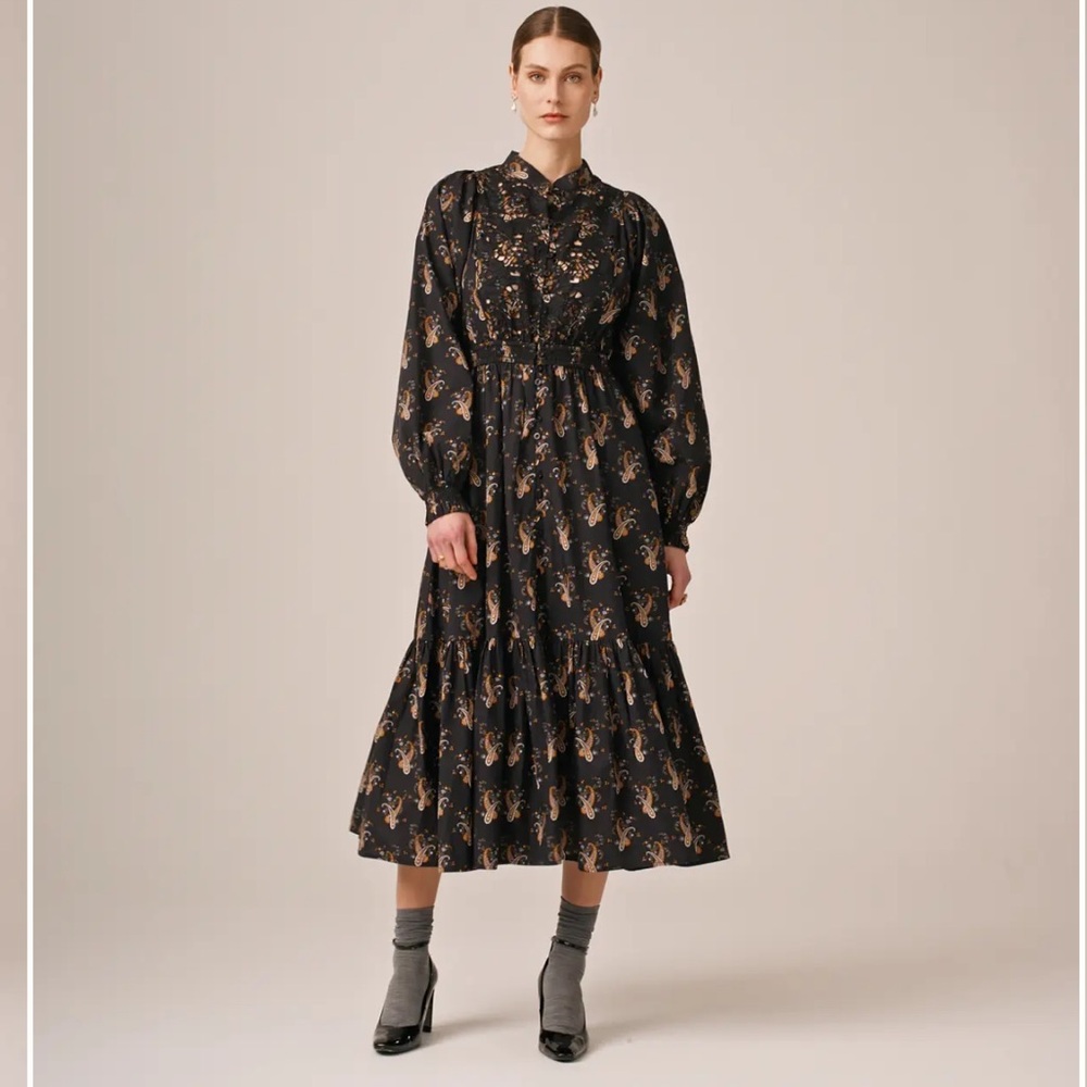 NWT by TiMo poplin smocking midi dress, size xs, color midnight paisley